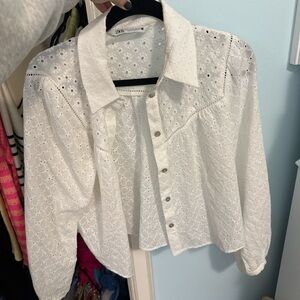 Zara White Lace Button-Up Shirt